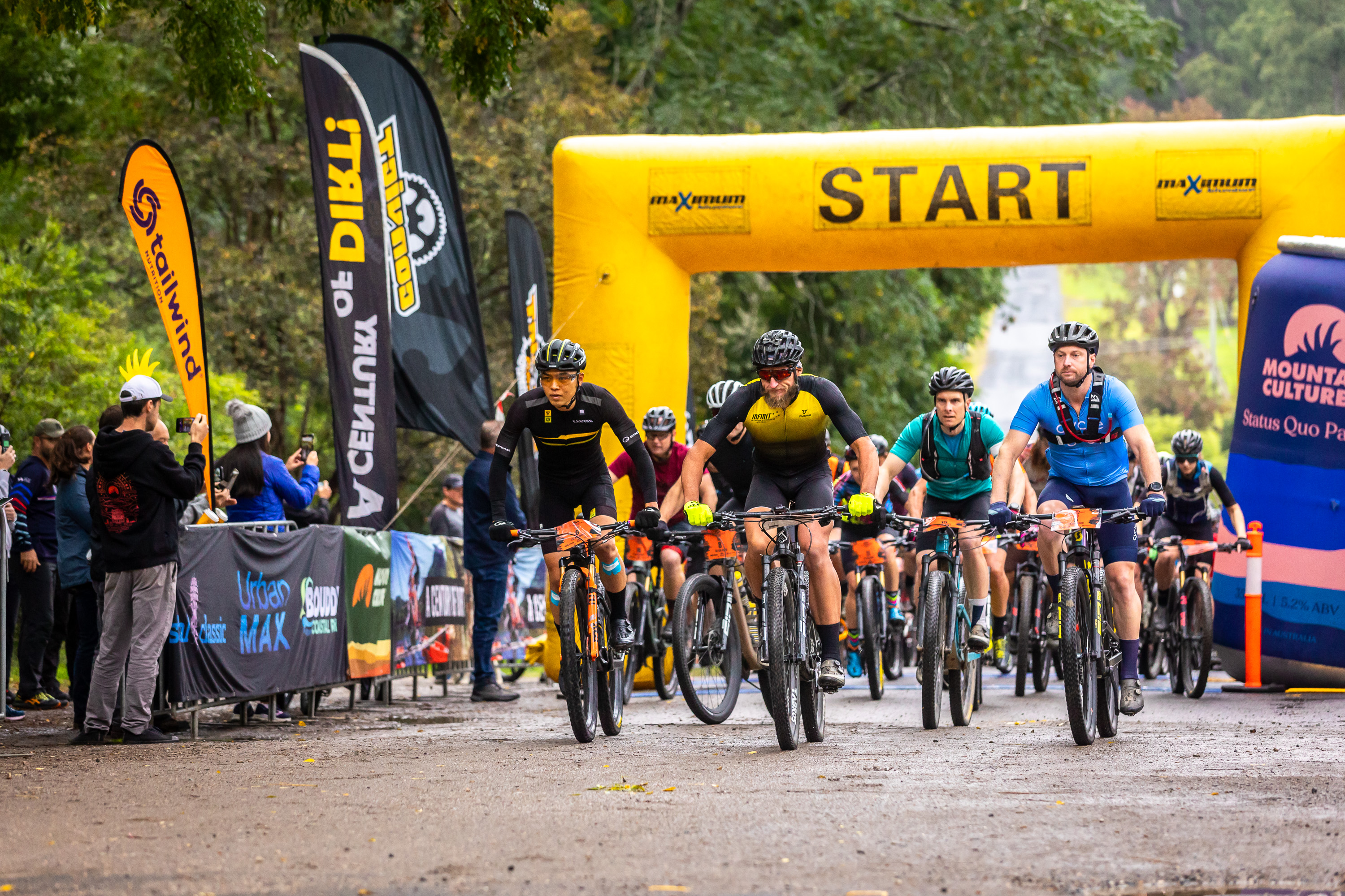 Bike riders at the start of Convict 100 marathon.