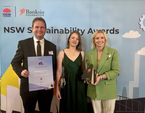 Picture of Andrew Kearns, Charlotte Weaver and Elizabethe Richardson with the Banksia Award