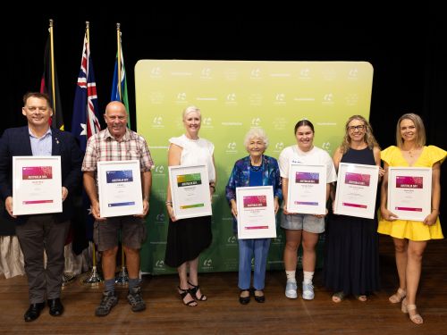 Image of 2024 Australia Day Award winners Scott Hinks, Keith Acton, Melissa Crane, Nellie Biddle (Kurrajong Nursing Home Auxiliary), Gemma King, Kylie Thompson (Windsor High School) and Rochelle Miller.